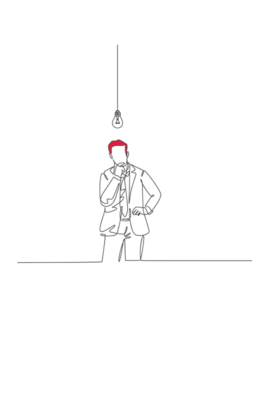 Illustration of a person in thought with their finger on their chin, underneath a bare lightbulb