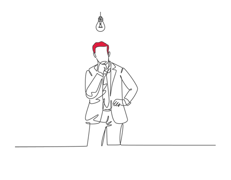 Illustration of a person in thought with their finger on their chin, underneath a bare lightbulb
