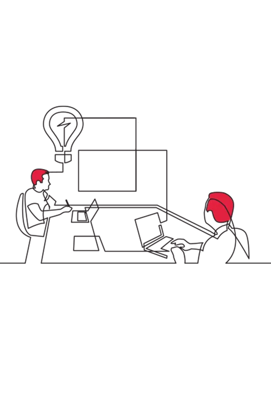 Illustration of two people working on laptops, one with a lightbulb over their to represent an idea