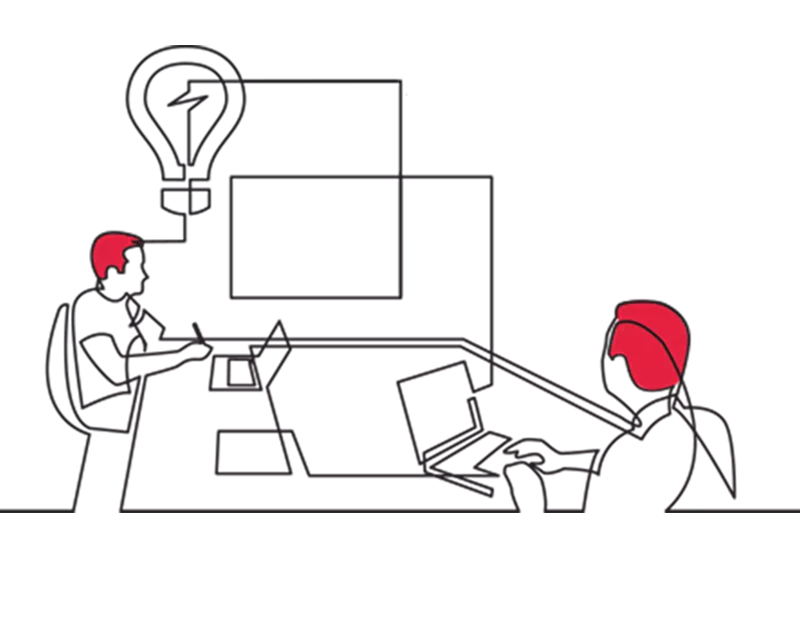 Illustration of two people working on laptops, one with a lightbulb over their to represent an idea