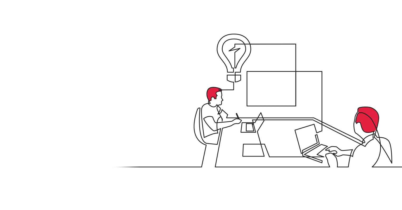 An illustration of two people working at a desk, both with laptops. The man on the left has a lightbulb above his head depicting an idea