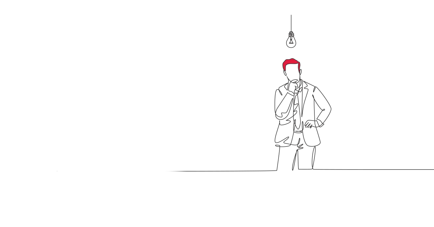 Illustration of a person in thought with their finger on their chin, underneath a bare lightbulb