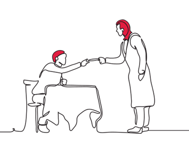 Illustration of someone at a table being handed something by another person