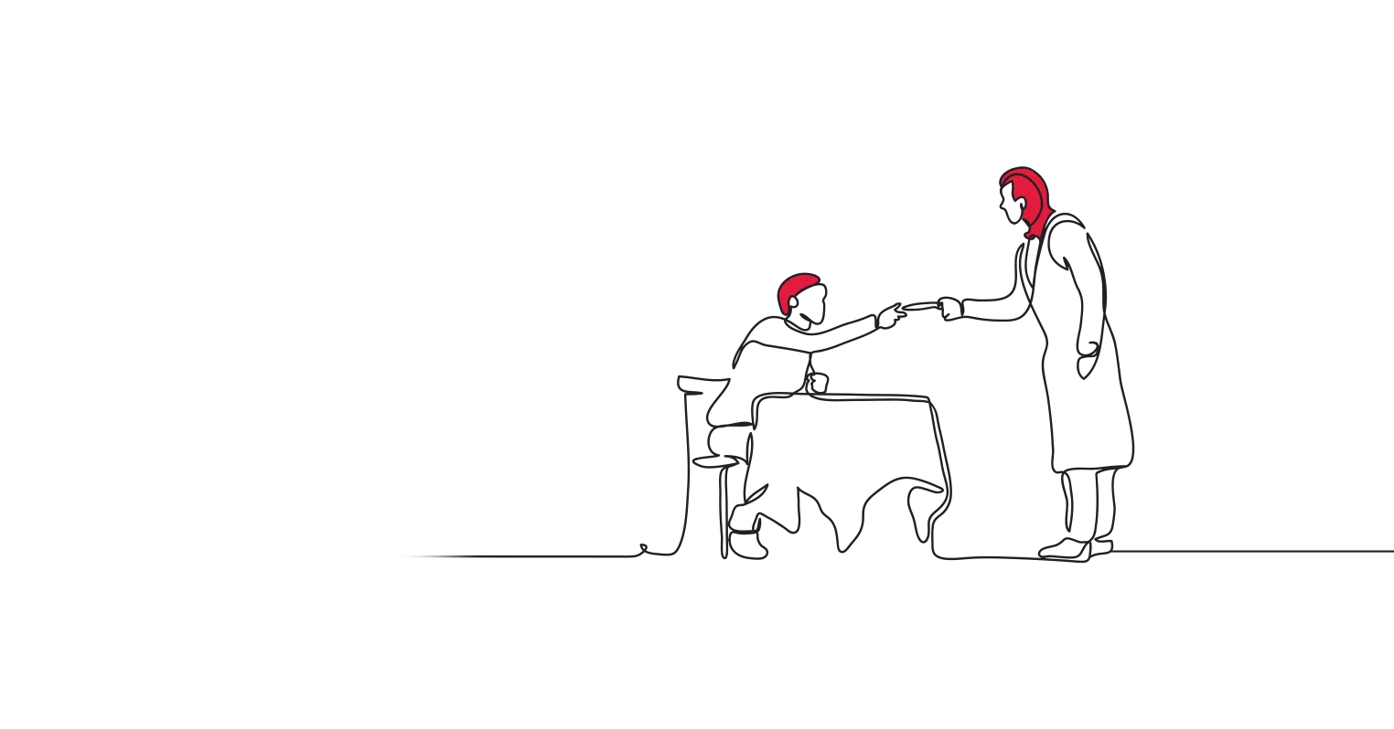 Illustration of someone at a table being handed something by another person