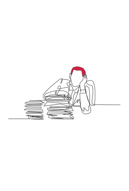 Illustration of someone leaning on a table behind a large pile of paperwork