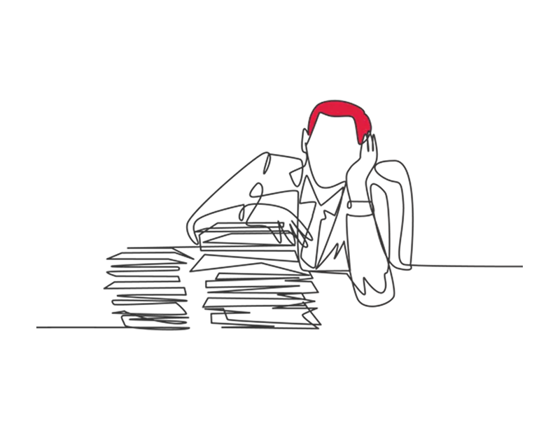 Illustration of someone leaning on a table behind a large pile of paperwork