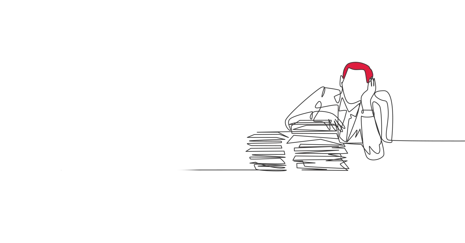 Illustration of someone leaning on a table behind a large pile of paperwork