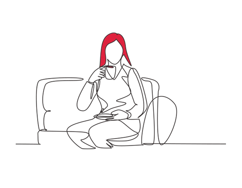 Illustration of a woman sat having a drink out of a cup and saucer