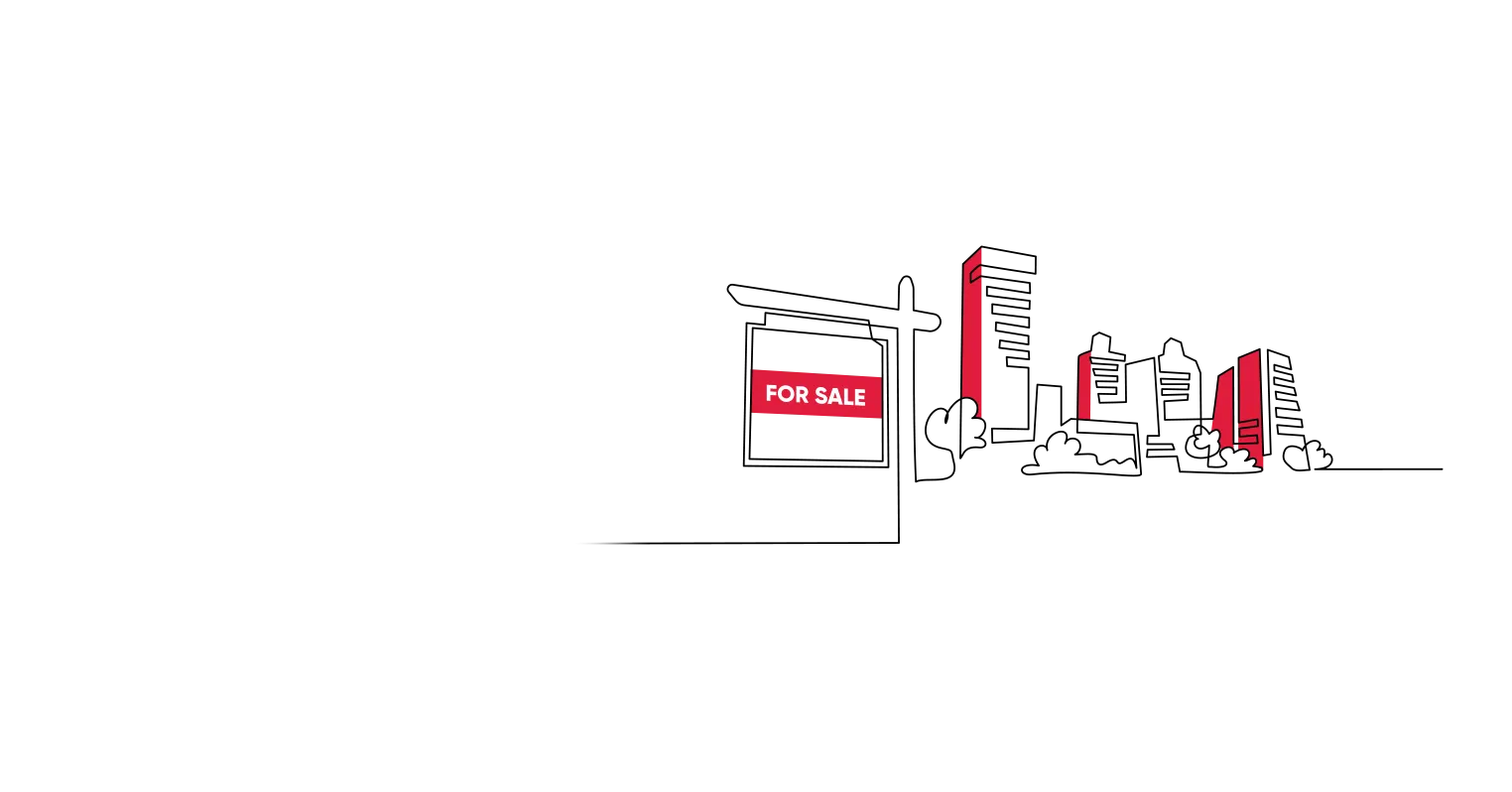 Illustration of a for sale sign and a variety of apartment blocks