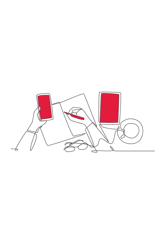 Illustration of a left hand holding a phone while the right hand signs a document