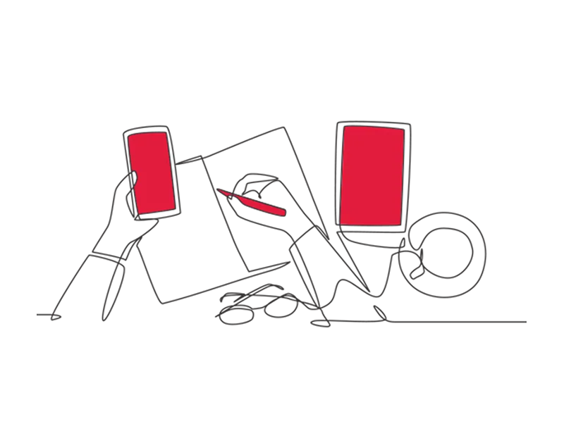 Illustration of a left hand holding a phone while the right hand signs a document