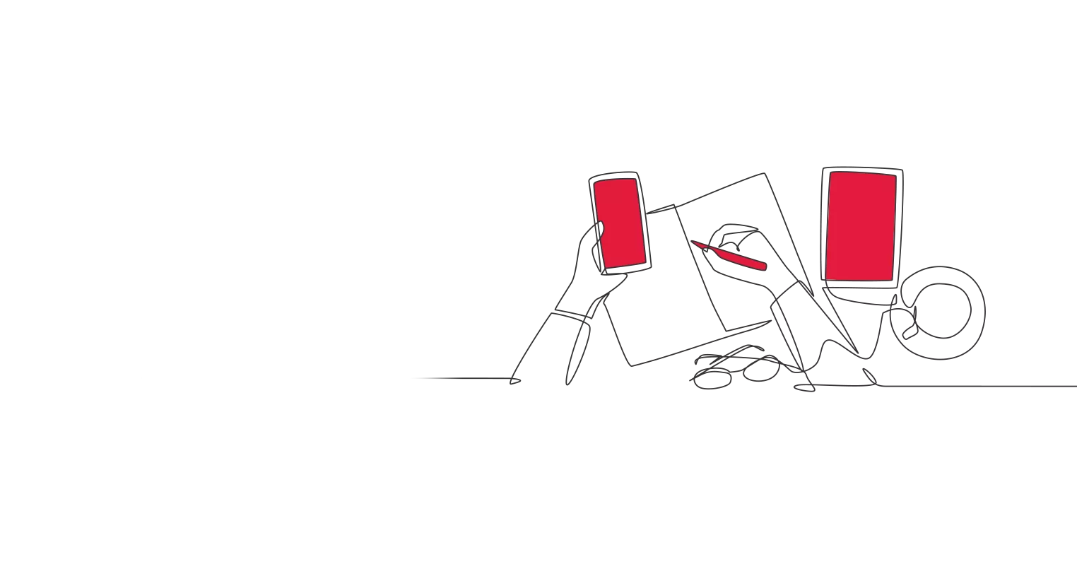 Illustration of a left hand holding a phone while the right hand signs a document