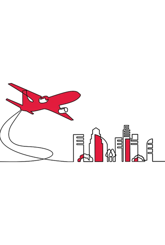 Illustration of a red plane taking off above a city skyline