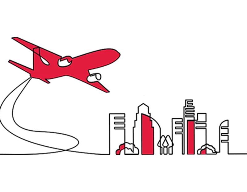 Illustration of a red plane taking off above a city skyline