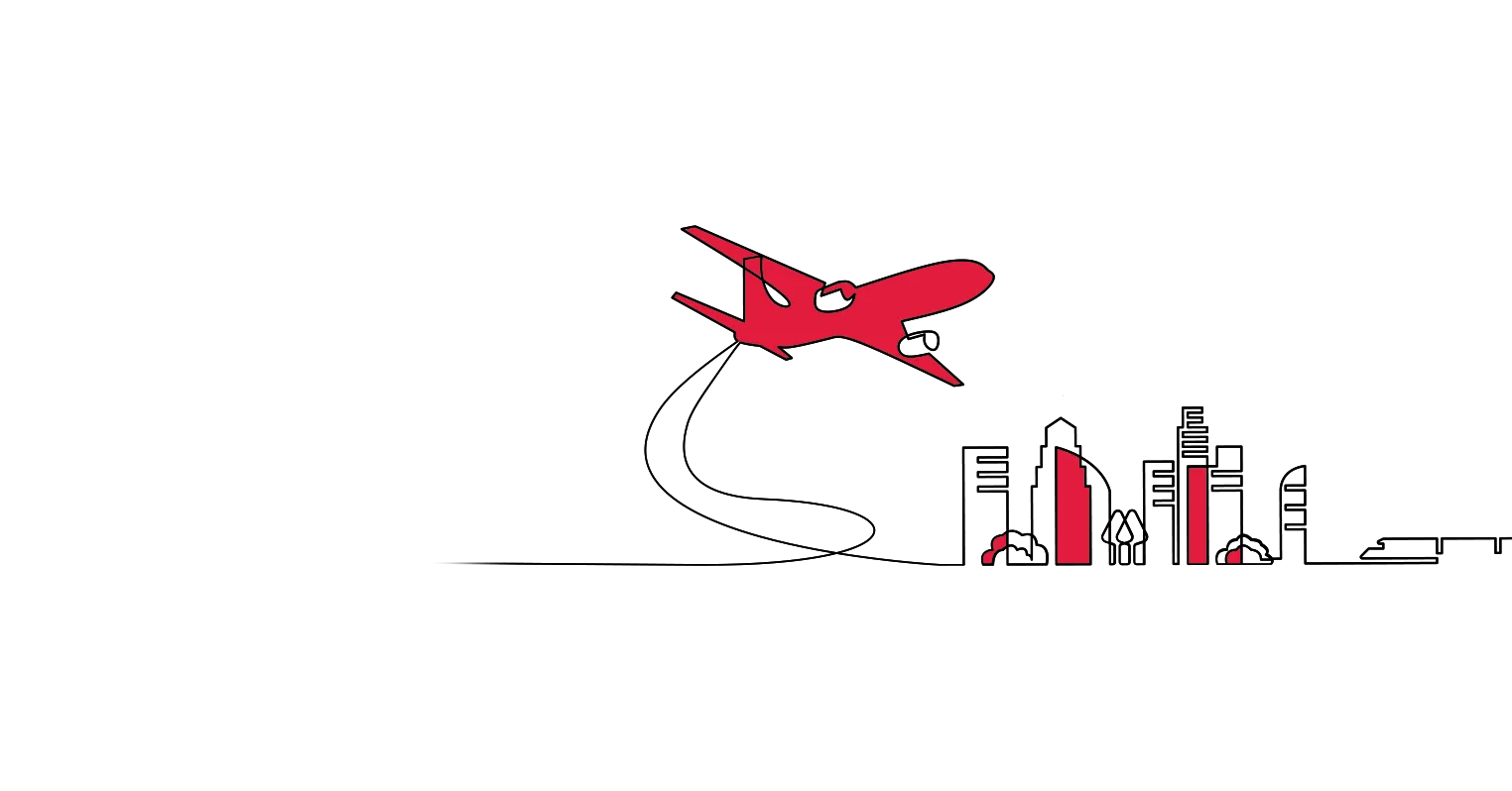 Illustration of a red plane taking off above a city skyline
