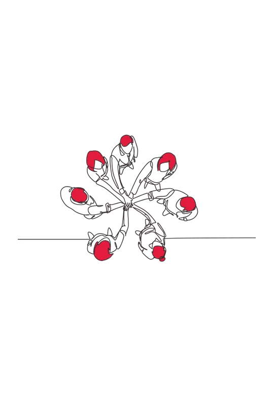 Illustration of an aerial view of seven people stood in a circle and reaching in to the centre to put their right hands together