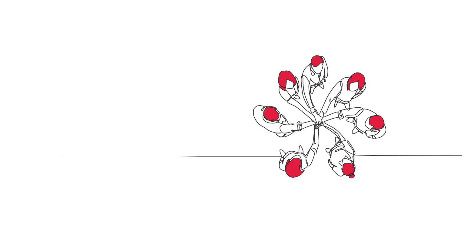 Illustration of an aerial view of seven people stood in a circle and reaching in to the centre to put their right hands together