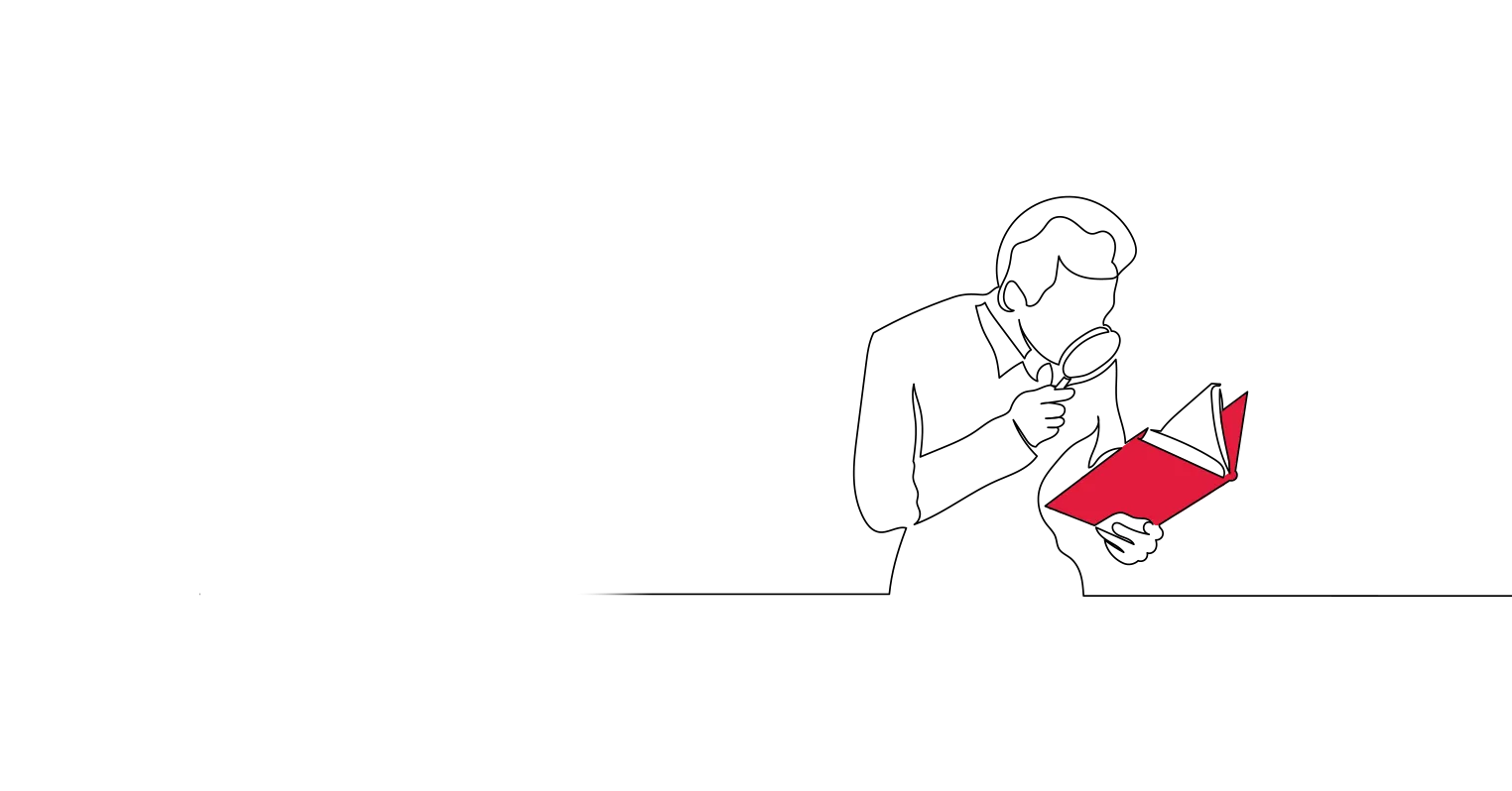 Illustration of a person inspecting a book with a magnifying glass