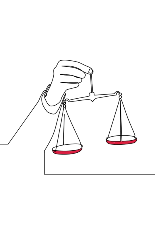 Illustration of a hand holding a pair of balancing scales