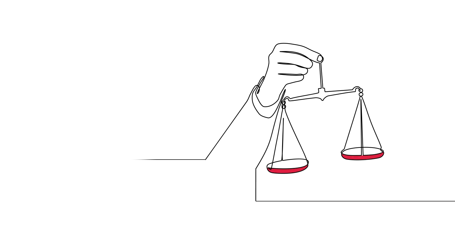 Illustration of a hand holding a pair of balancing scales
