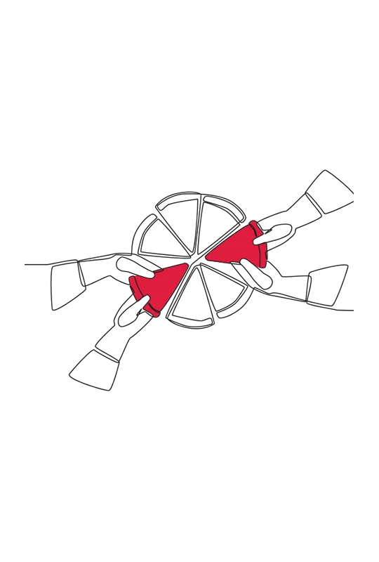 Illustration of two pairs of hands each grabbing a piece of a pizza or pie from above