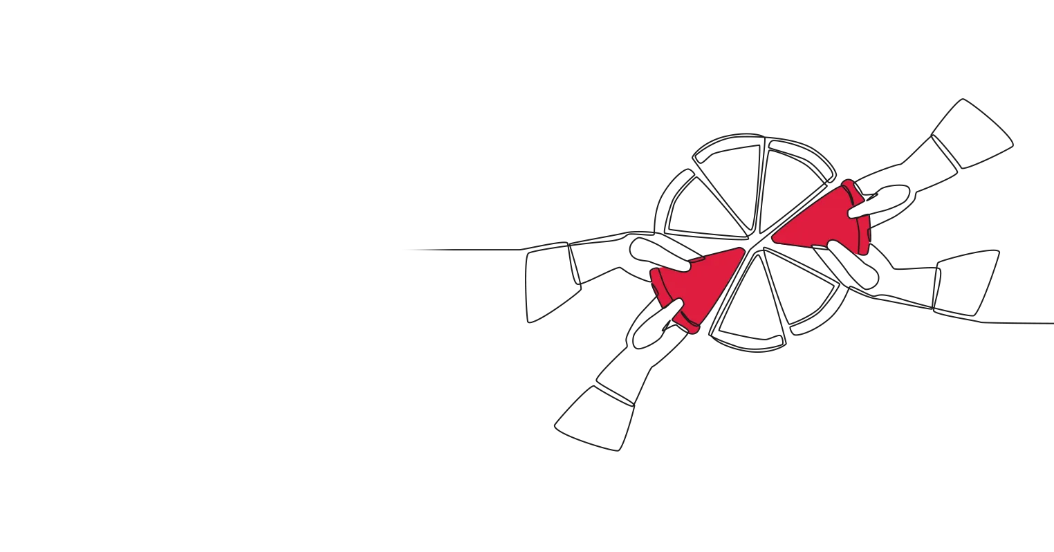 Illustration of two pairs of hands each grabbing a piece of a pizza or pie from above