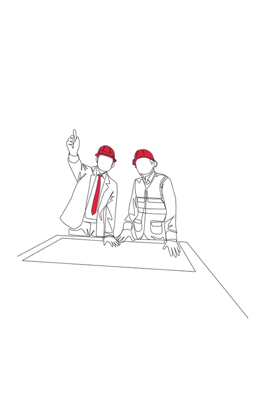 Illustration of two men in hard hats looking at something off camera, one man is pointing at it