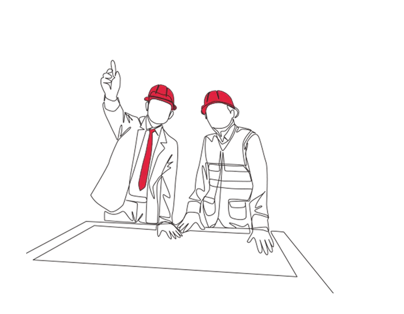 Illustration of two men in hard hats looking at something off camera, one man is pointing at it
