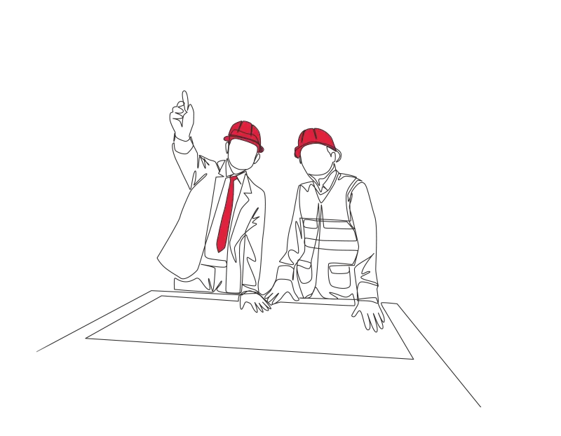 Illustration of two men in hard hats looking at something off camera, one man is pointing at it