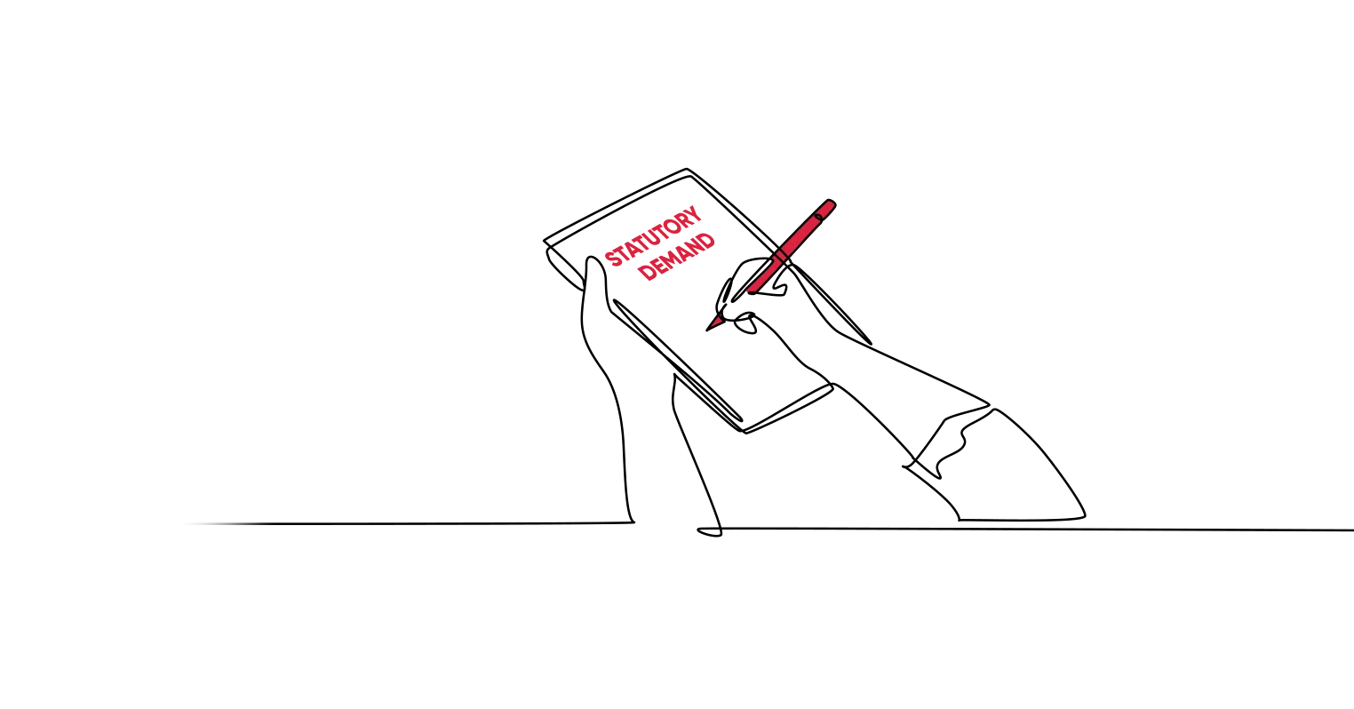 Illustration of someone holding a red pen to sign a document marked 'statutory demand'