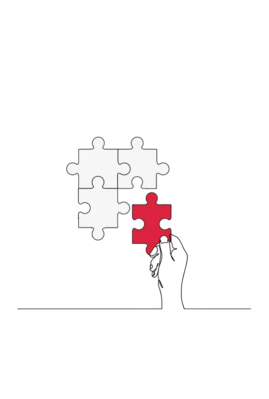 Illustration of a jigsaw with three white pieces and a single red piece being slotted into place