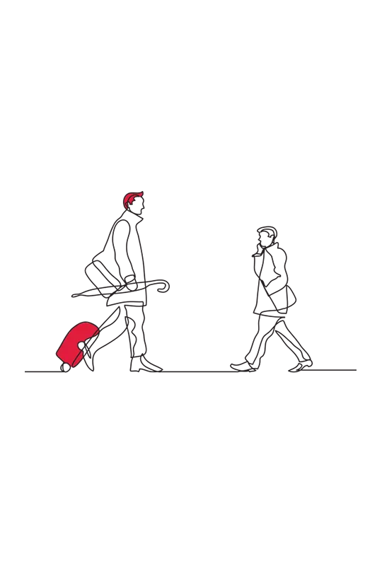 An illustration of two people walking in different directions, one with an umbrella and case