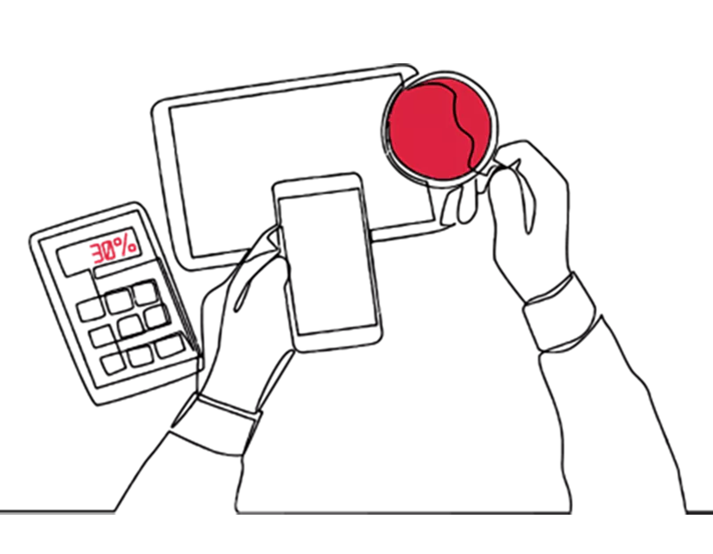 Illustration of a calculator displaying 30% and a hand holding a device next to it