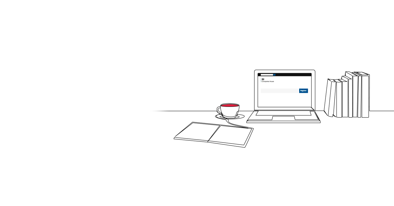 Illustration of a laptop, a hot drink in a mug, a notebook and books