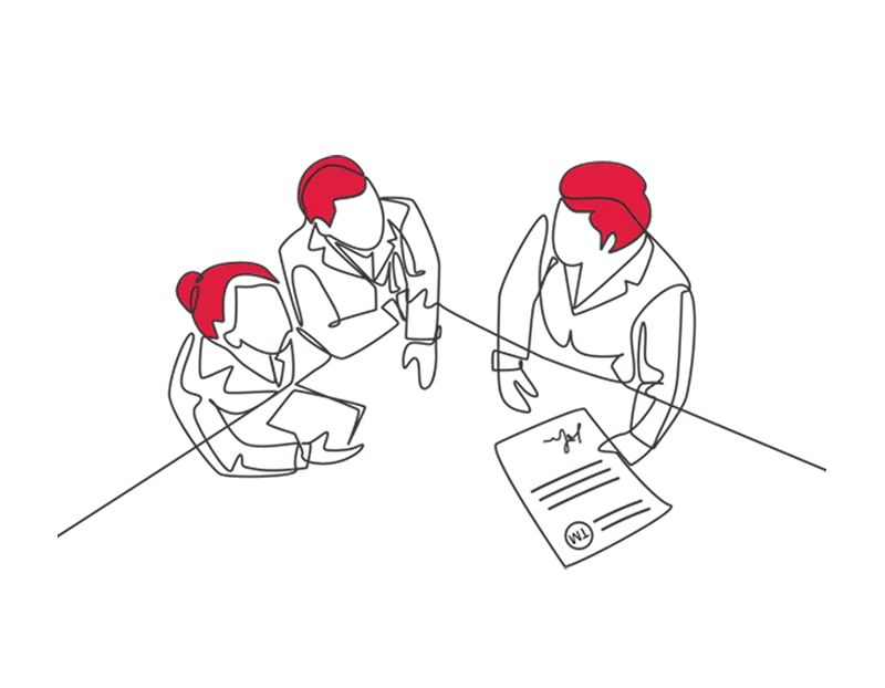 Illustration of three people having a meeting with one holding a document