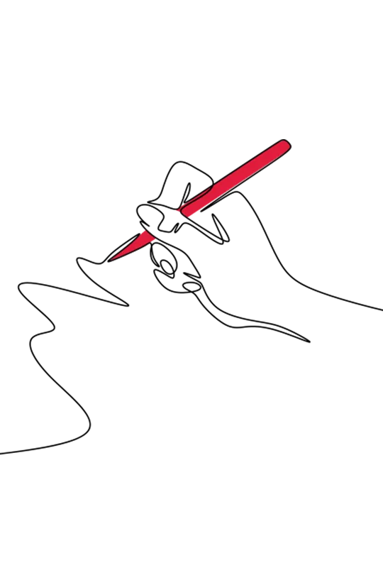 Illustration of a hand holding a red pen and signing something
