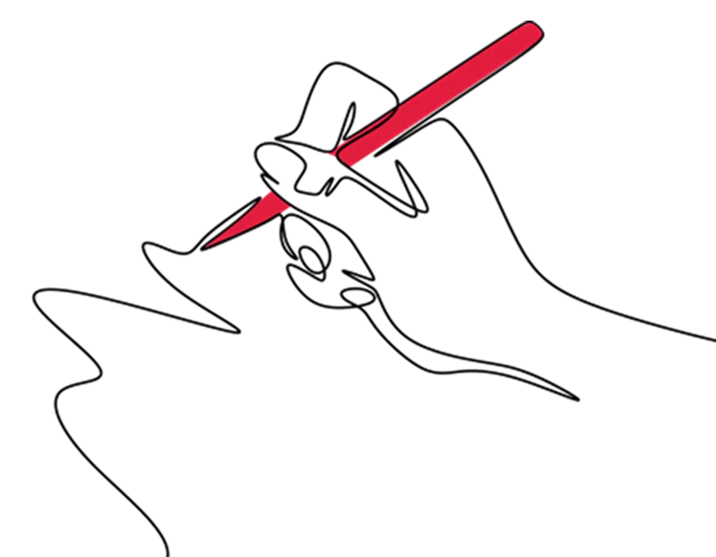 Illustration of a hand holding a red pen and signing something