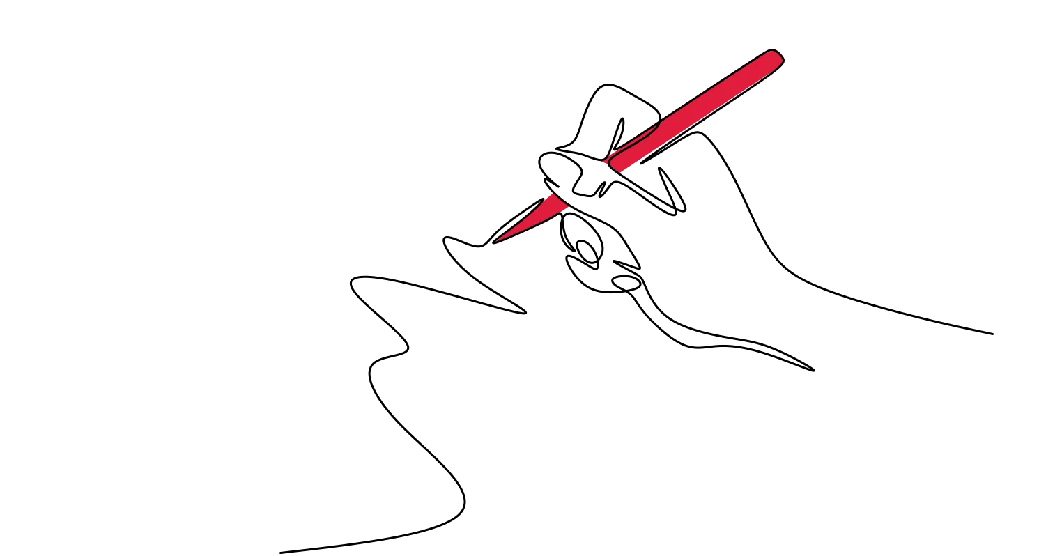 Illustration of a hand holding a red pen and signing something