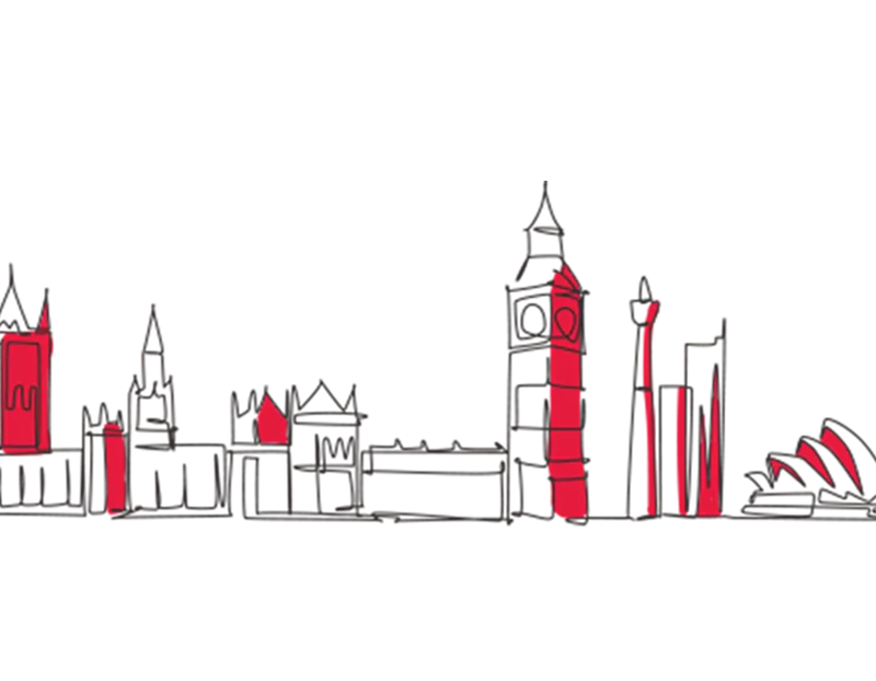 Illustration of global landmarks including Big Ben and Sydney Opera House