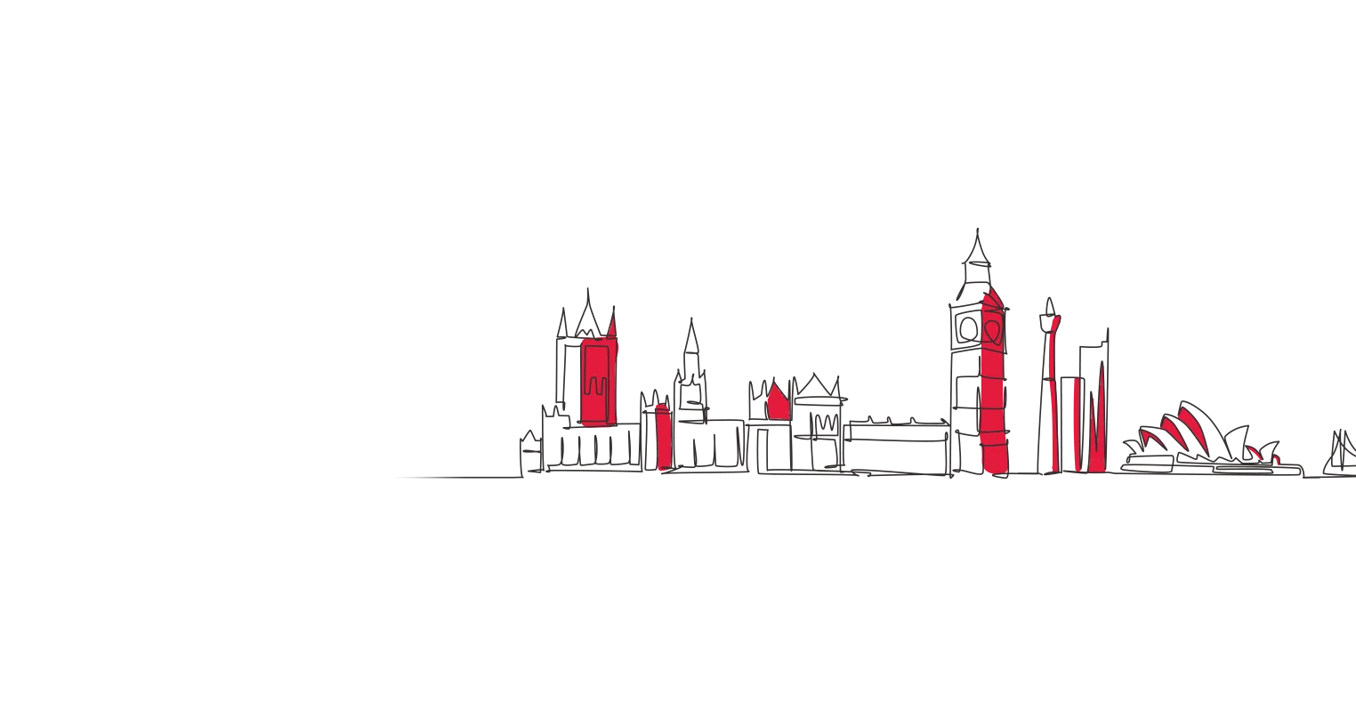 Illustration of global landmarks including Big Ben and Sydney Opera House