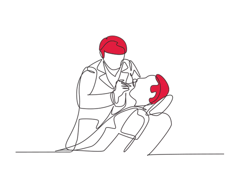 Illustration of a dentist carrying out a procedure on a reclining patient