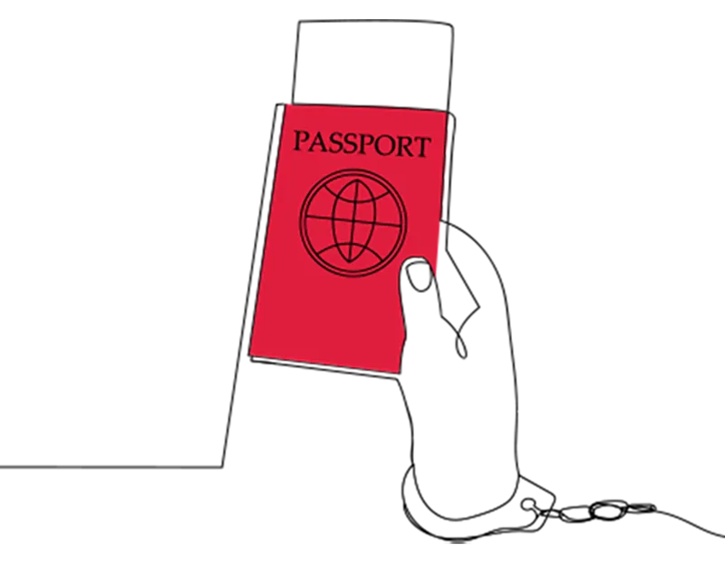 Illustration of a hand holding a red passport
