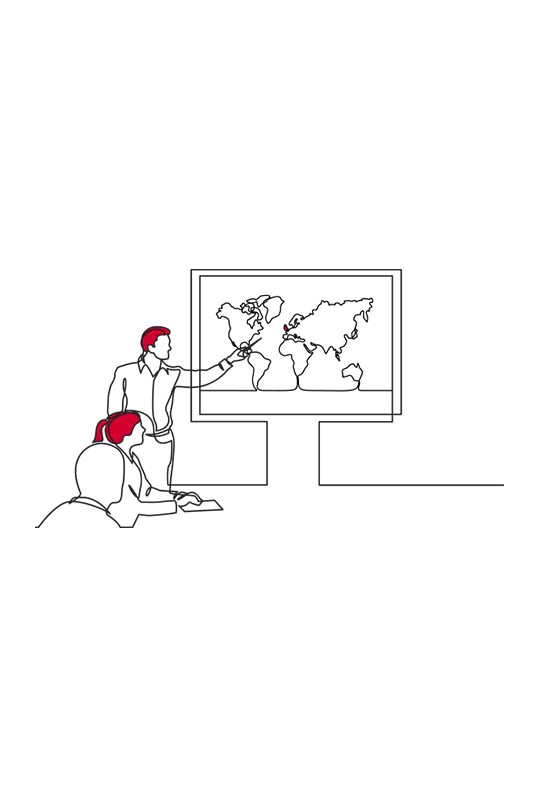 An illustration of a man making a presentation to two seated people