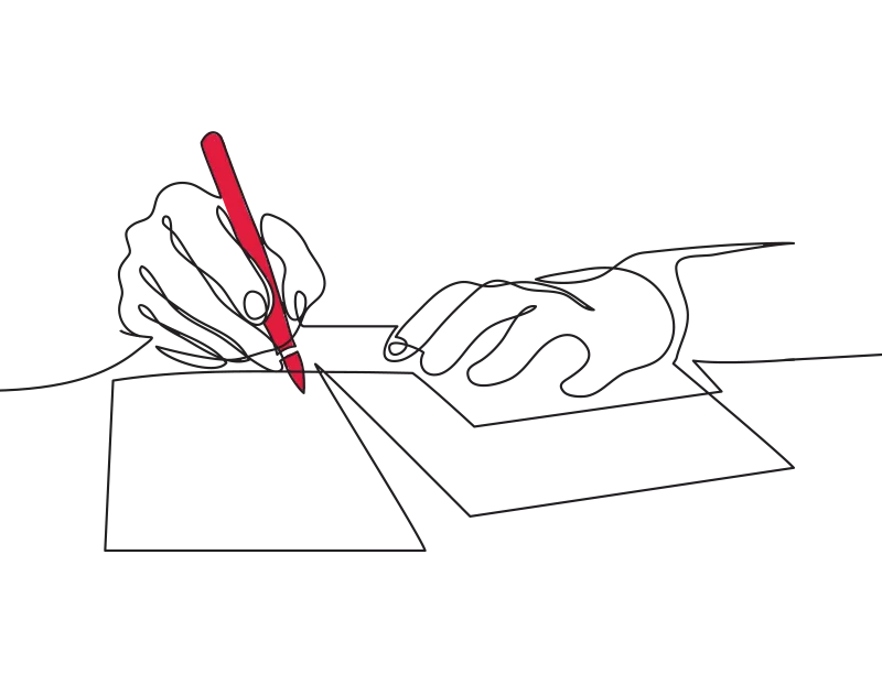 An illustration of a pair of hands, the right hand is holding a red pen and writing onto a document