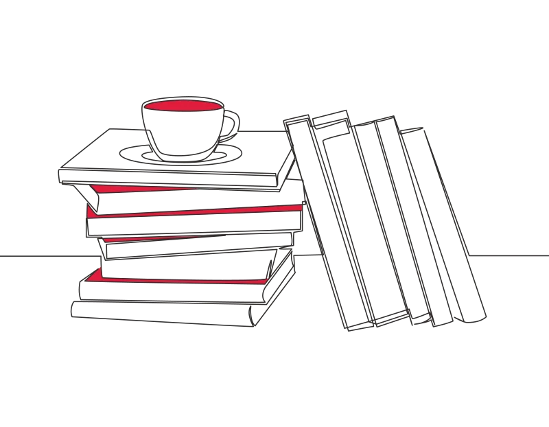 An illustration of a pile of books with a cup of tea or coffee on top