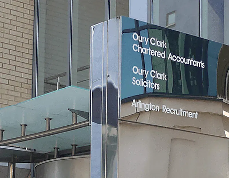 An external sign for Oury Clark Chartered Accountants, Oury Clark Solicitors and Arlington Recruitment