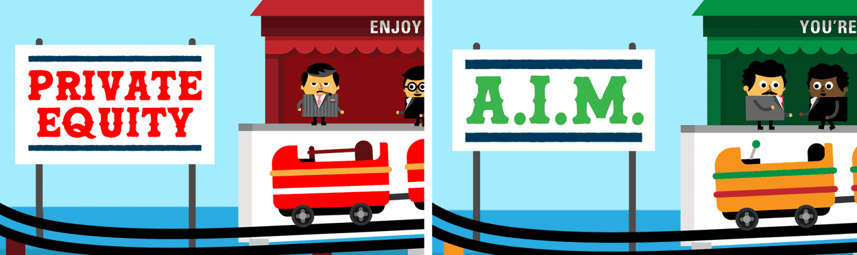 A gif showing a man riding a rollercoaster called 'Private Equity' and all his money fallinng out. On the right, a man rides a rollercoaster marked 'A.I.M.' and keeps all his money