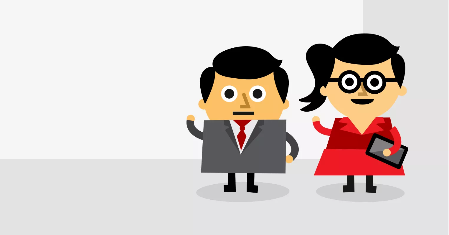 Cartoon characters of Oury and Clark, a man in a grey suit and a woman with glasses and red dress