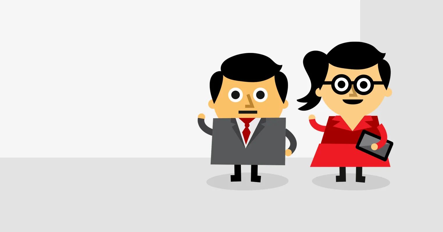 Cartoon characters of Oury and Clark, a man in a grey suit and a woman with glasses and red dress