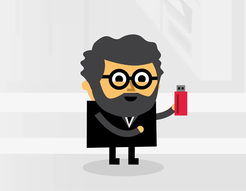 A cartoon character with glasses holding a red USB stick